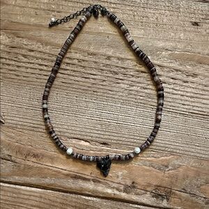 Brown Beaded Necklace with REAL FL shark’s tooth! Pearl accents on clasp as well